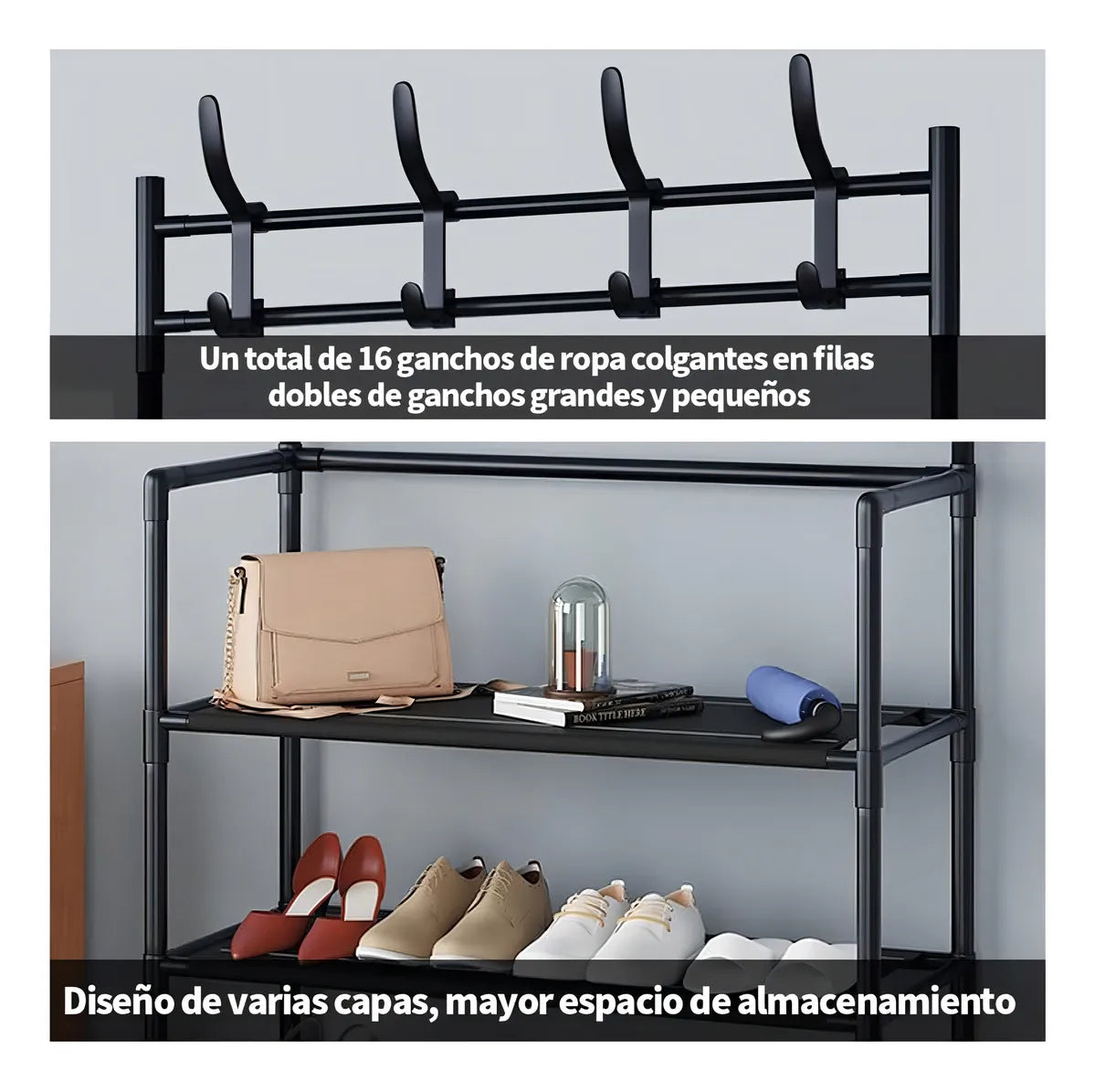 Zapatero, perchero combinado negro, 4 capas 80cm ancho