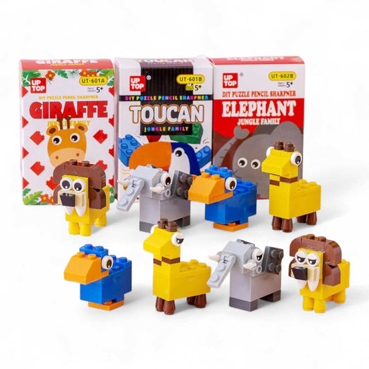 Sacapuntas con bloques de construcción de animales